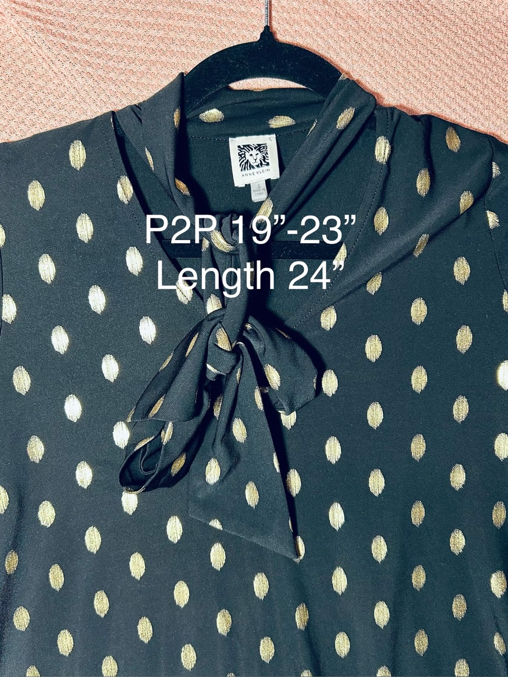 Anne Klein Black Blouse with Gold Dot Tie-Neck
